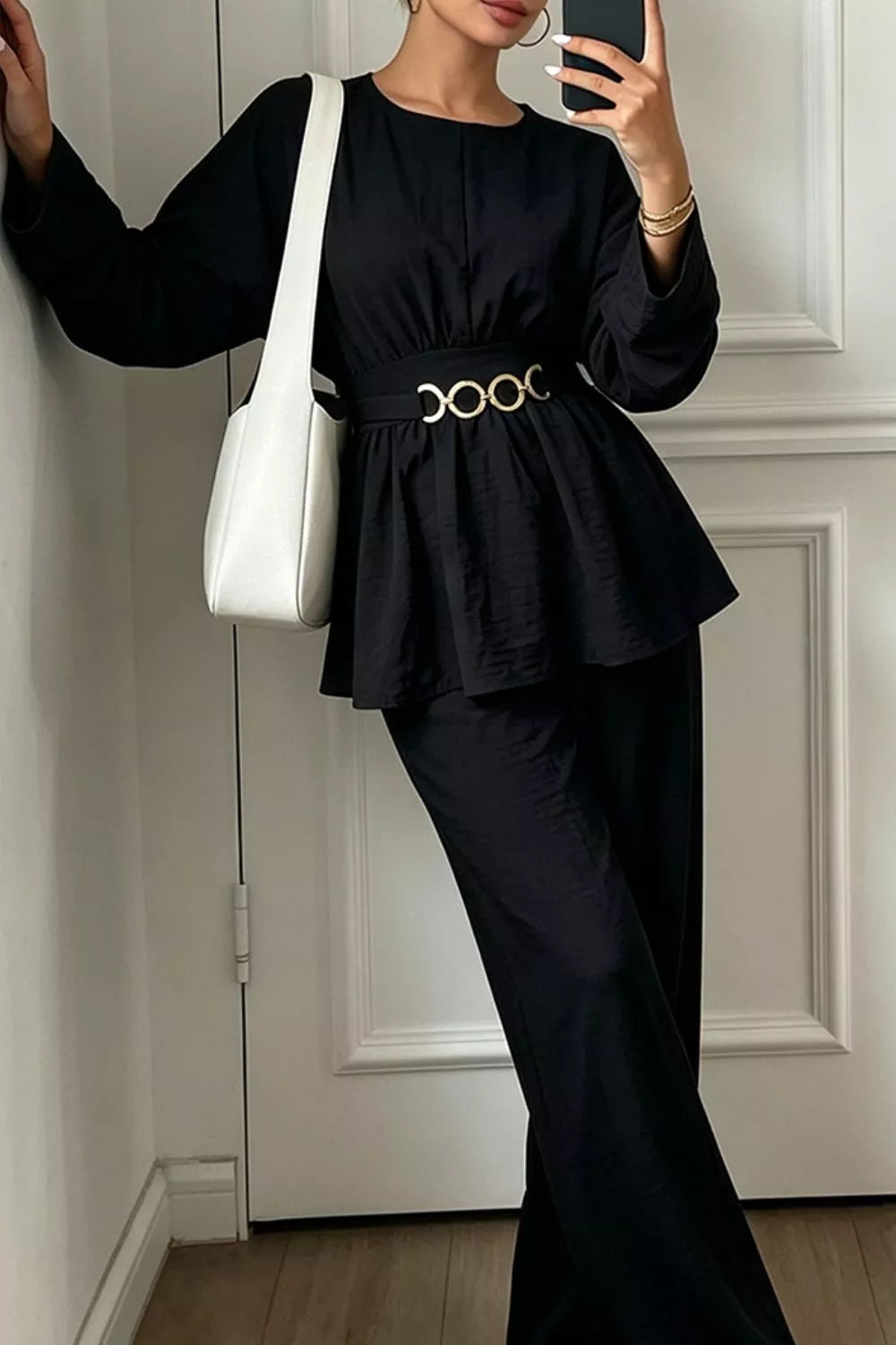 Metal Chain Waist Detail Top and Pants Set