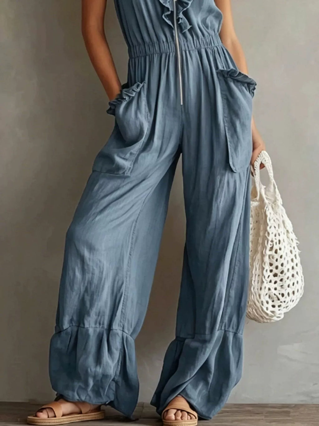 Ruffled V-Neck Wide Leg Jumpsuit