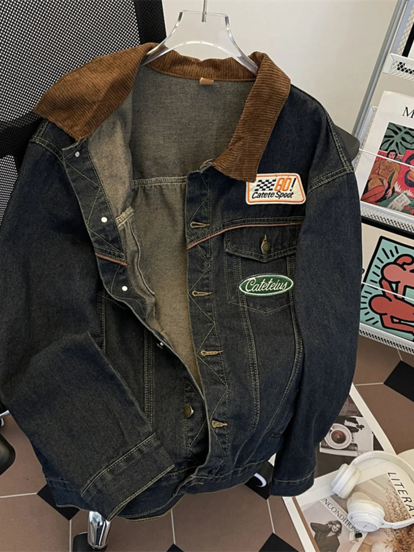 Men's Plus Size Corduroy Collar Button Up Denim Jacket