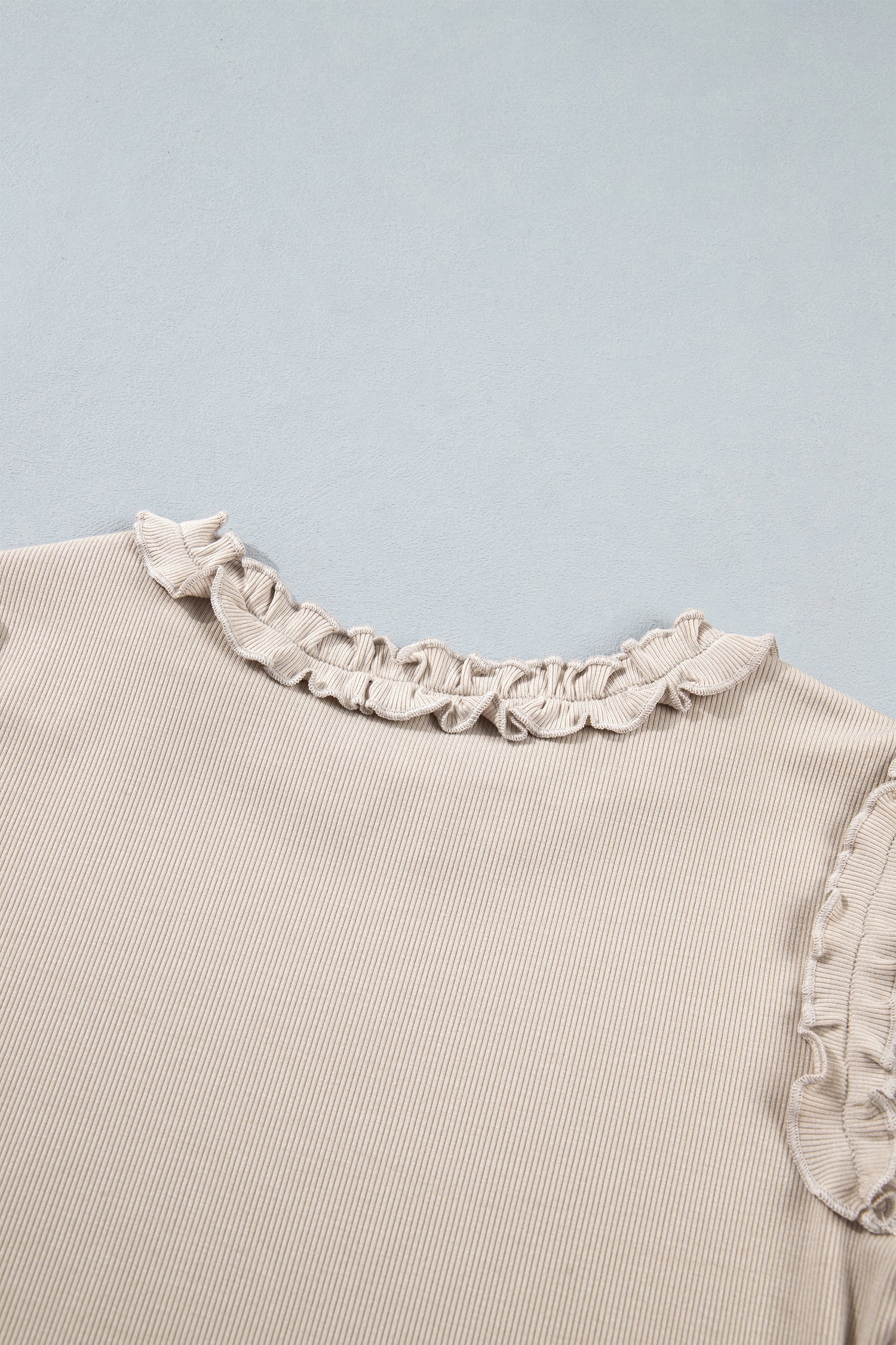 Beige Solid Color Round Neck Frill Detail Long Sleeve Top