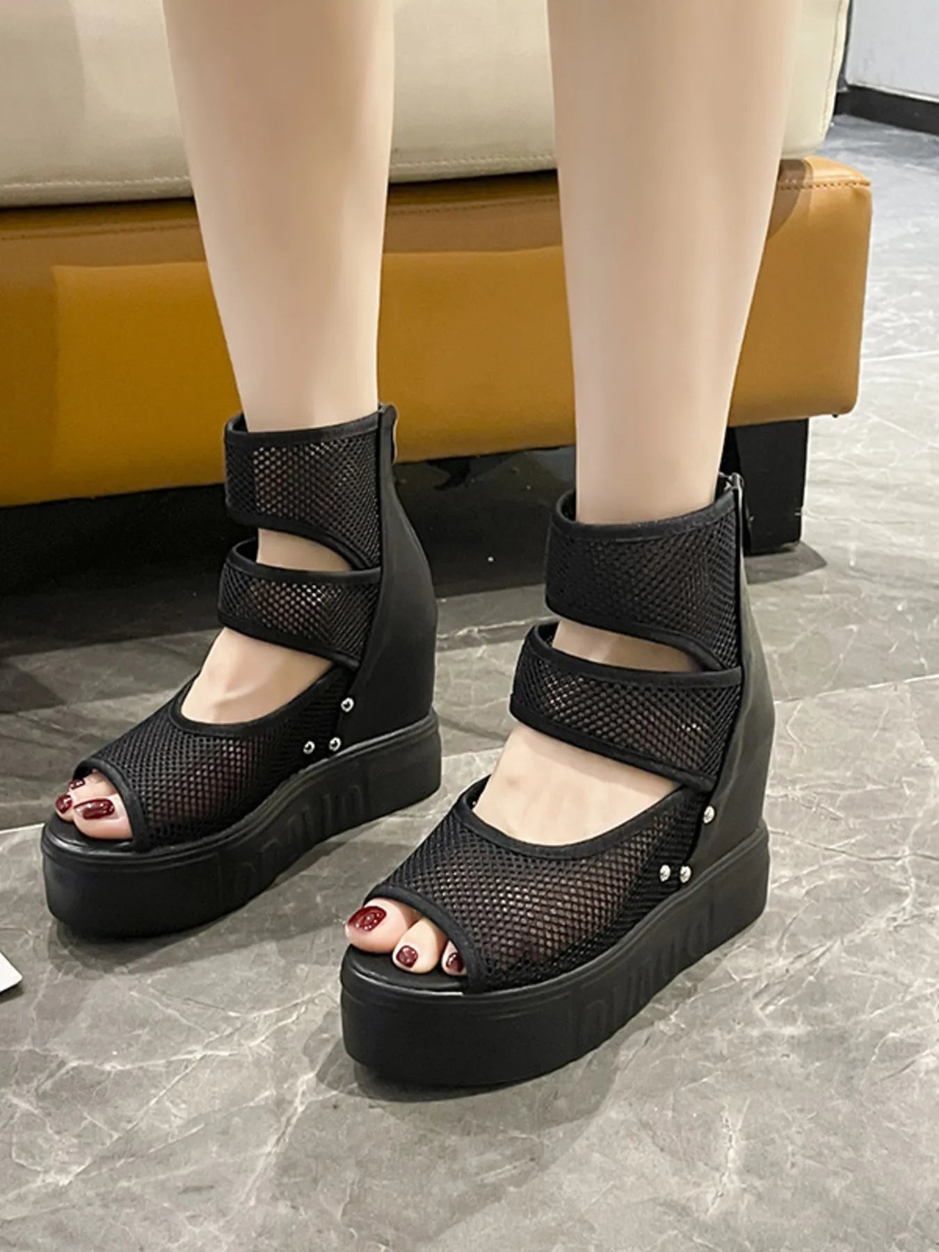 Mesh Cutout Platform Sandal