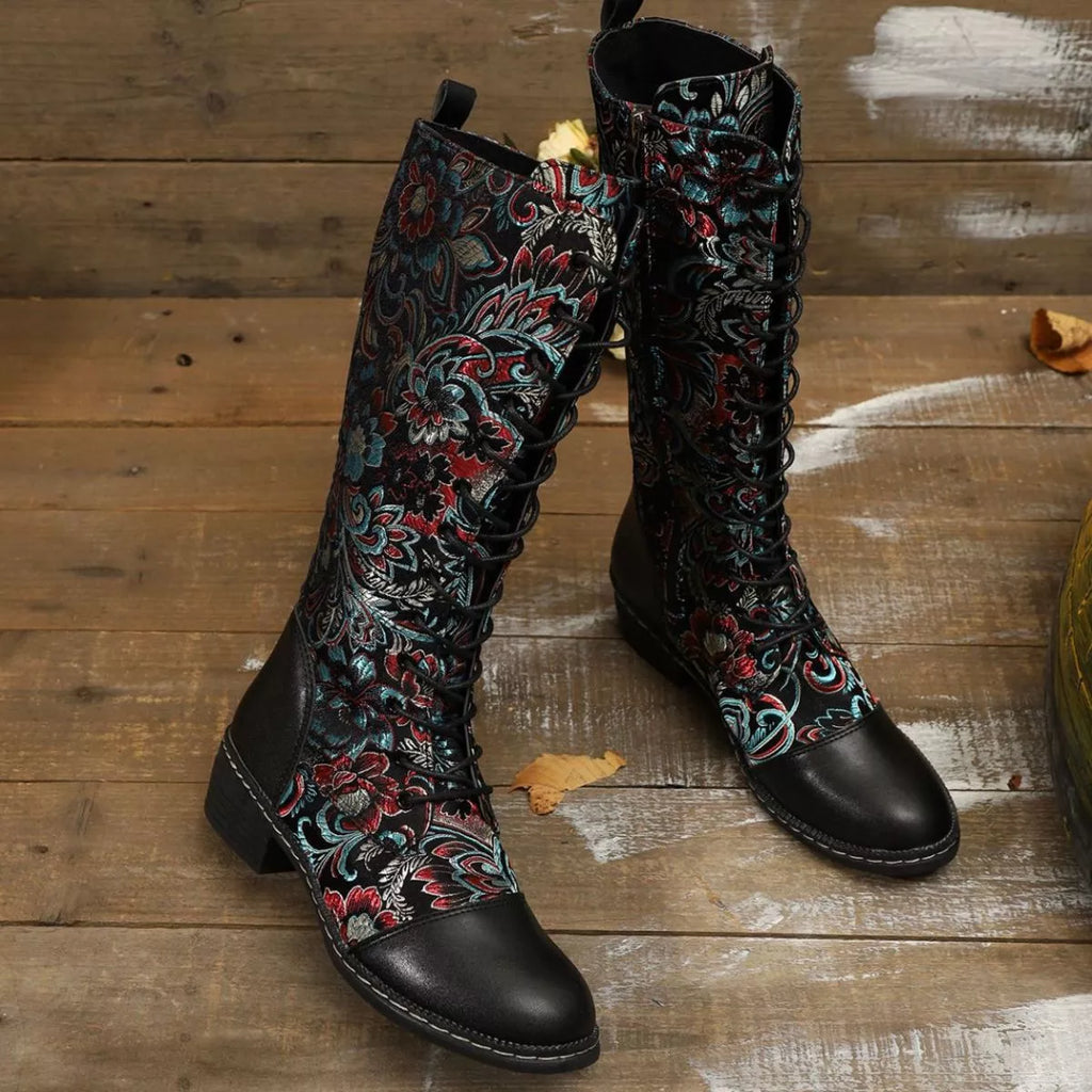 Embroidered Lace-Up Block Heel Boots