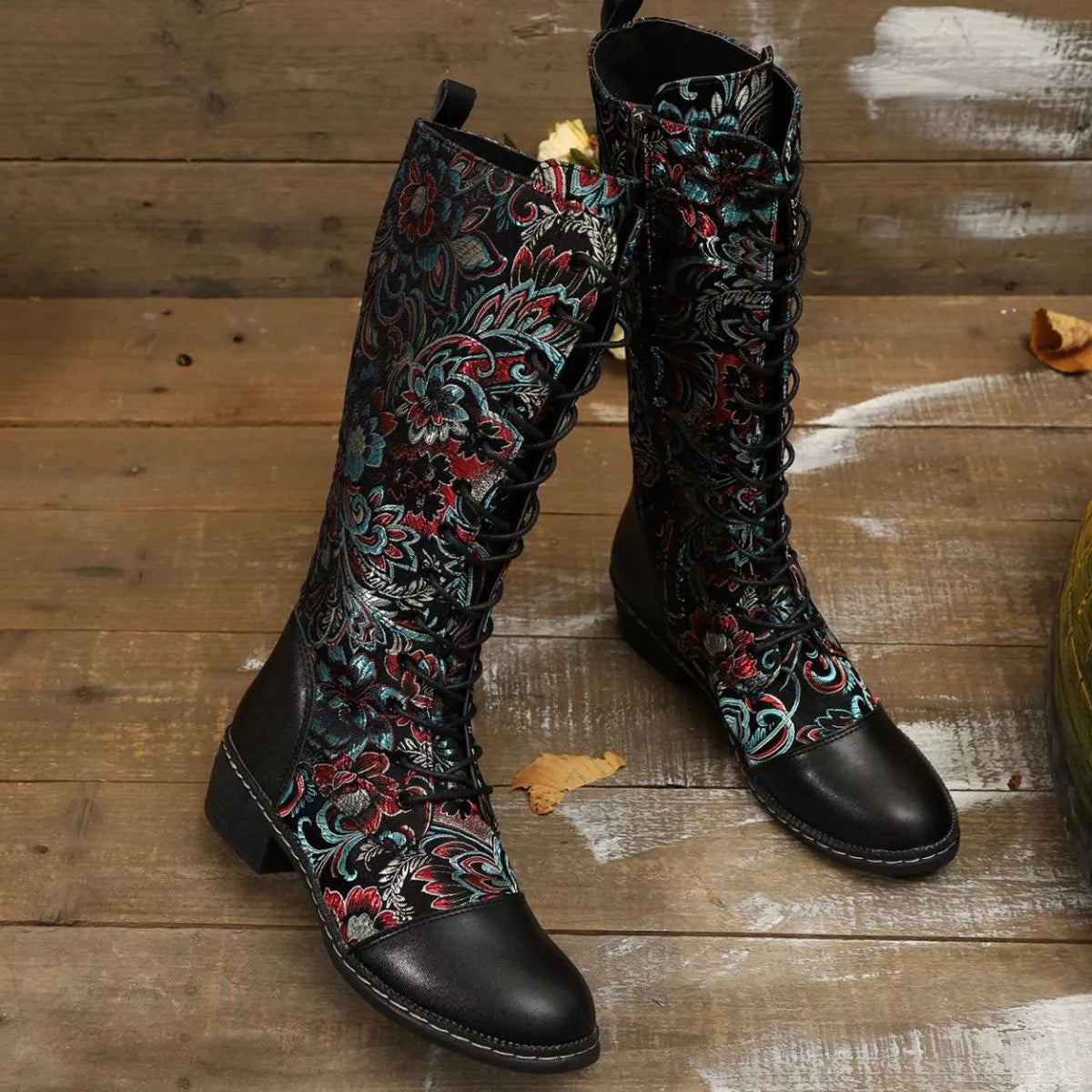 Embroidered Lace-Up Block Heel Boots