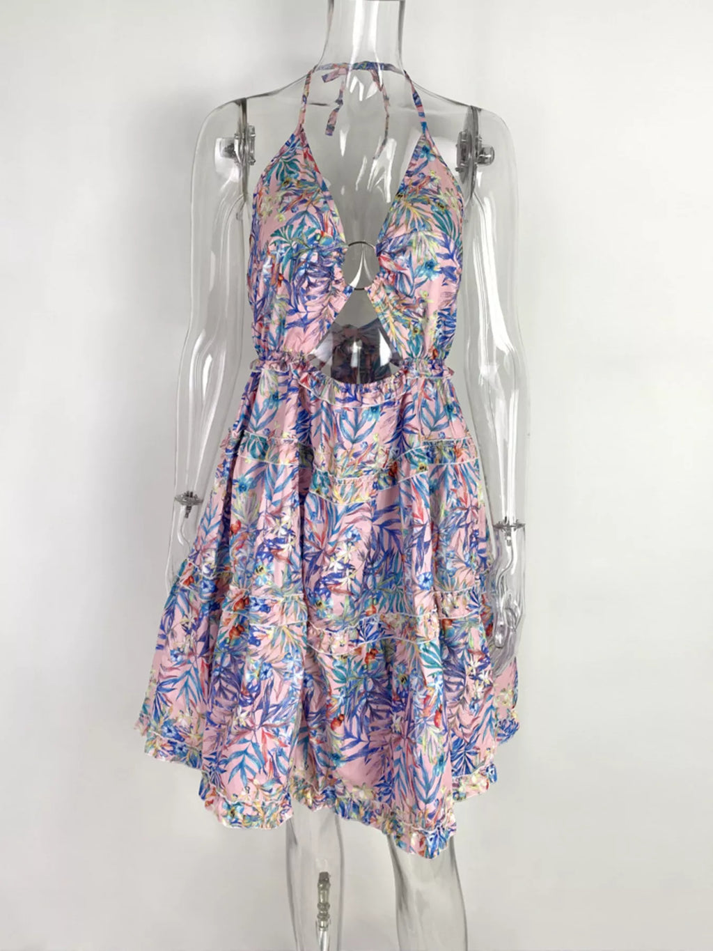 Colorful Print Halter Neck Ruffle Mini Dress