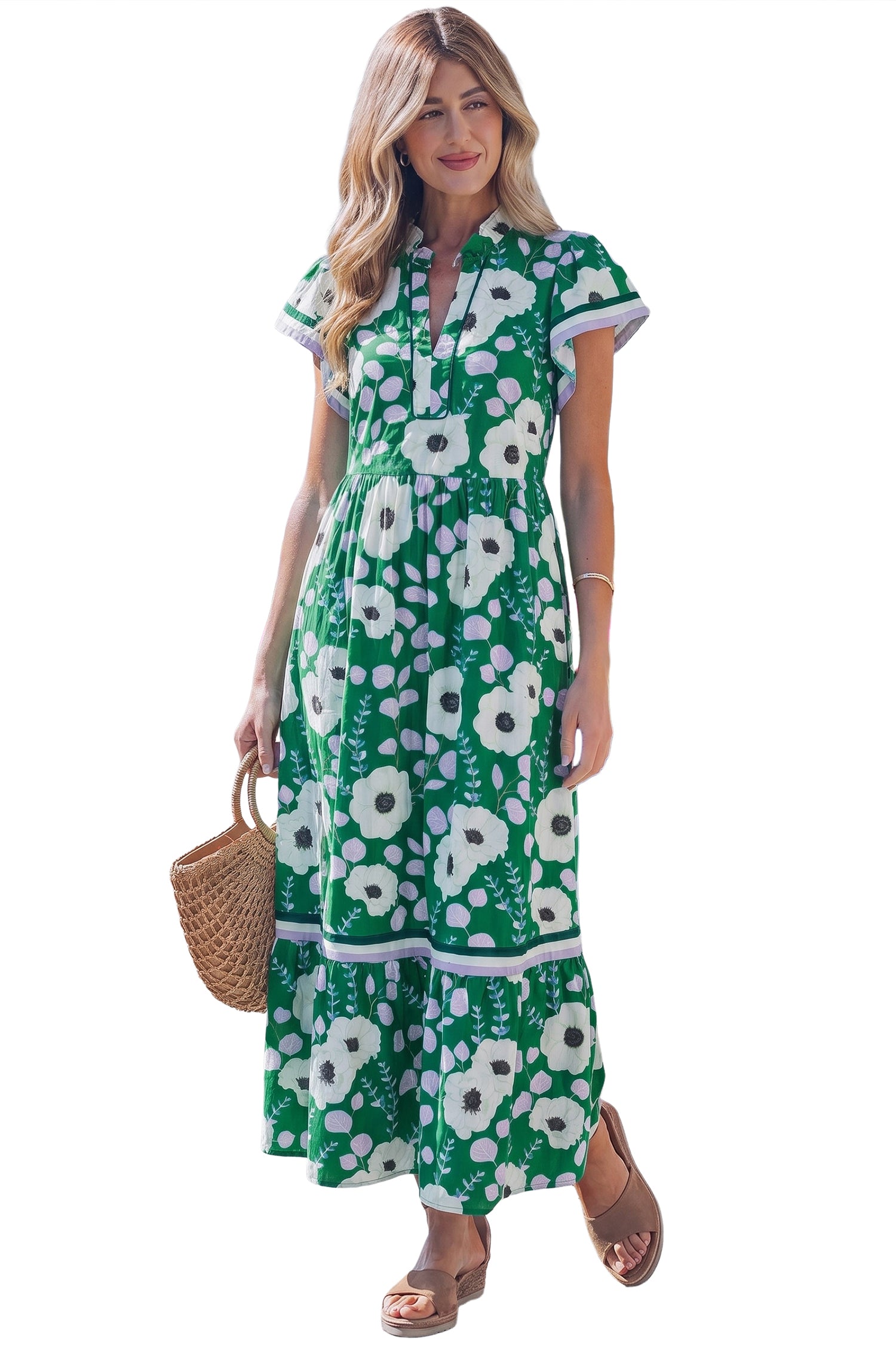 Green V Neck Ruffled Short Sleeve Flower Maxi Dress