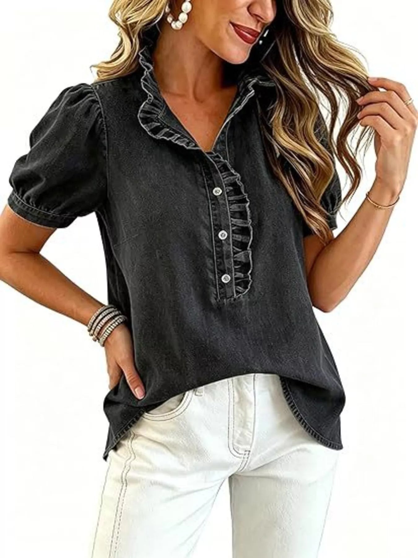 Frill Puff Sleeve Denim Top