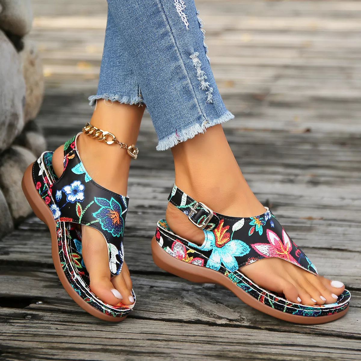 Floral Thong Wedge Sandals