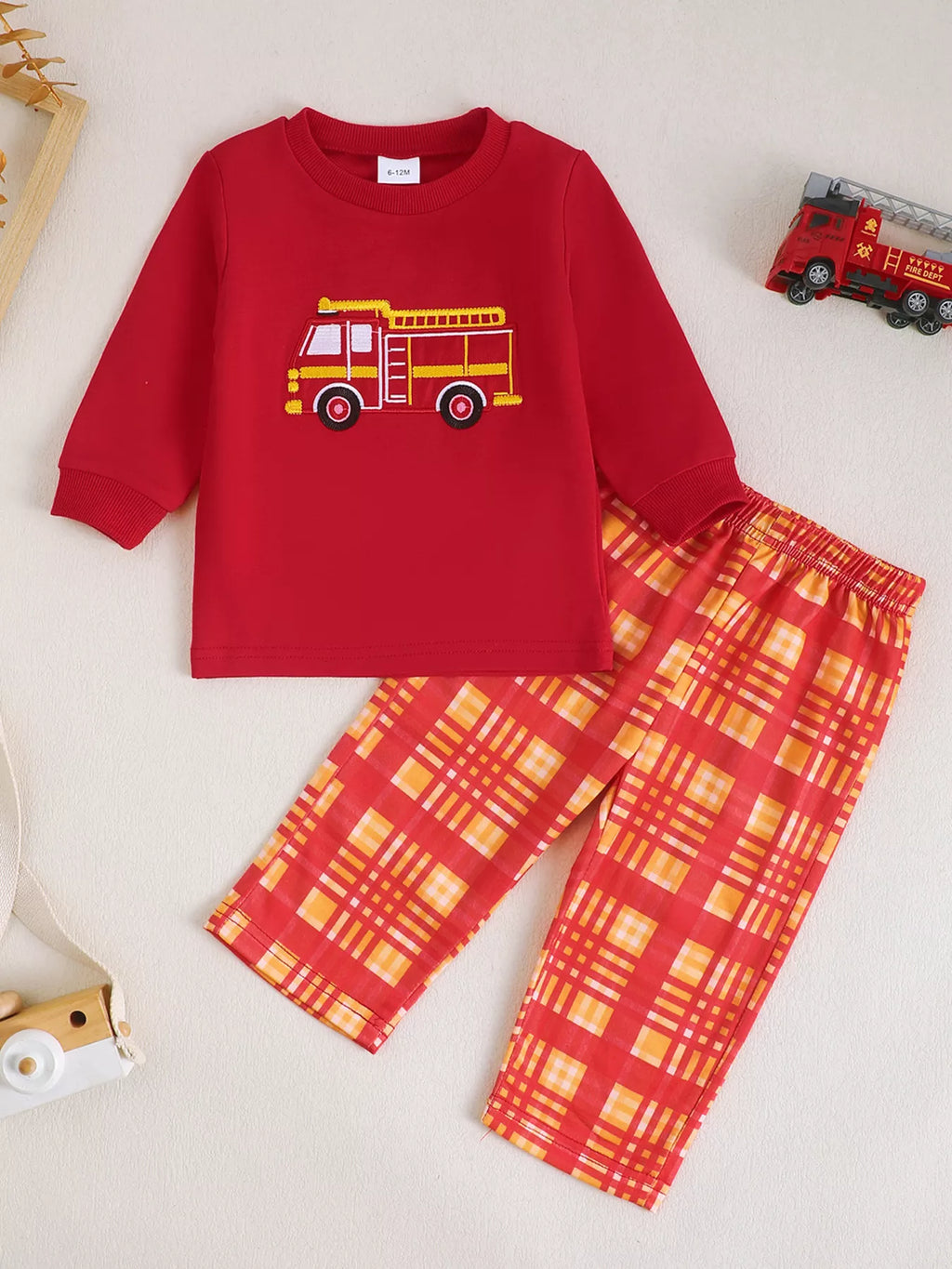 Children's Fire Truck Embroidered Top and Pants Set