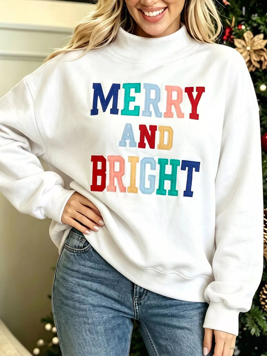 MERRY AND BRIGHT Stitched Letter Pattern Mock Neck Sweatshirt