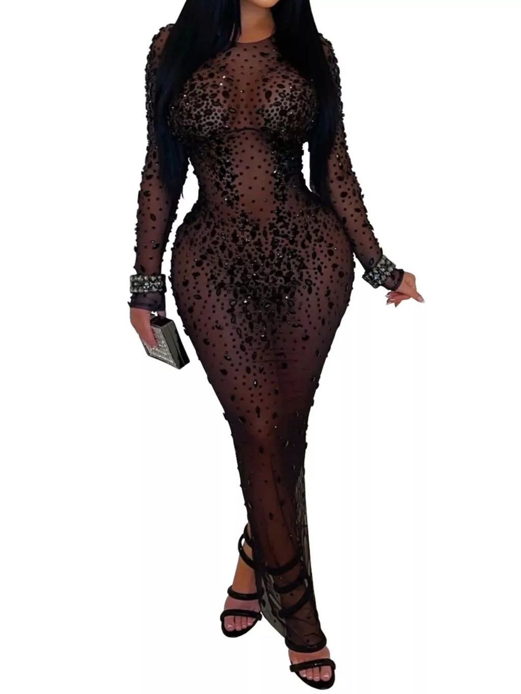 Sheer Mesh Rhinestone Embellished Long Sleeve Evening Dress