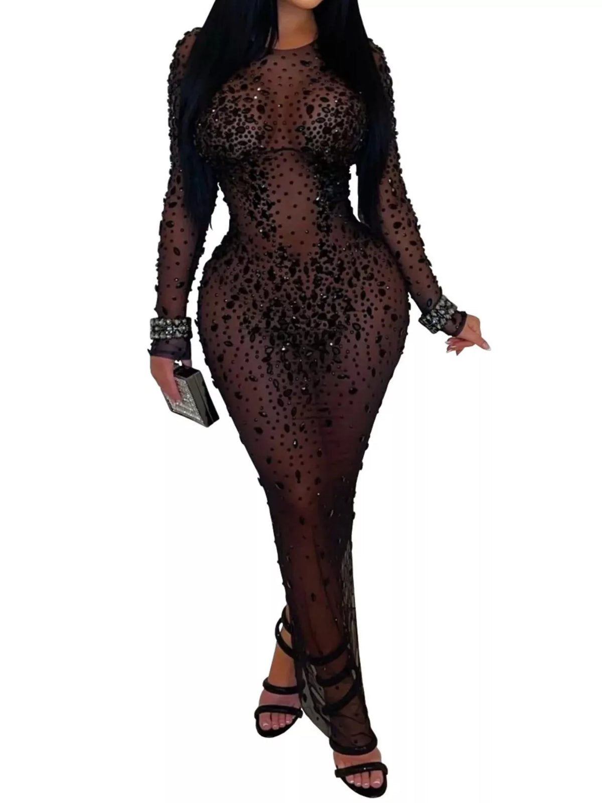 Sheer Mesh Rhinestone Embellished Long Sleeve Evening Dress