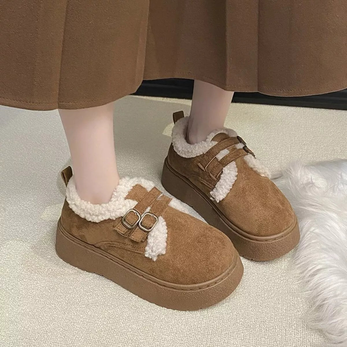 Double Buckle Fur-Lined Winter Ankle Boots