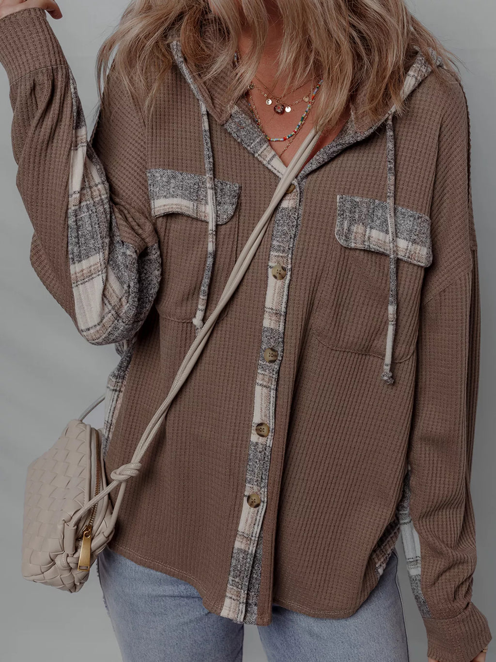 Plaid Patchwork Button-Down Hooded Shacket with Drawstring