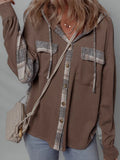 Plaid Patchwork Button-Down Hooded Shacket with Drawstring