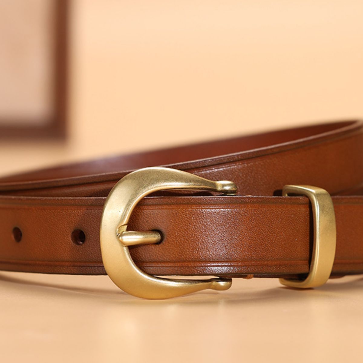 Classic Leather Belt with Golden Buckle