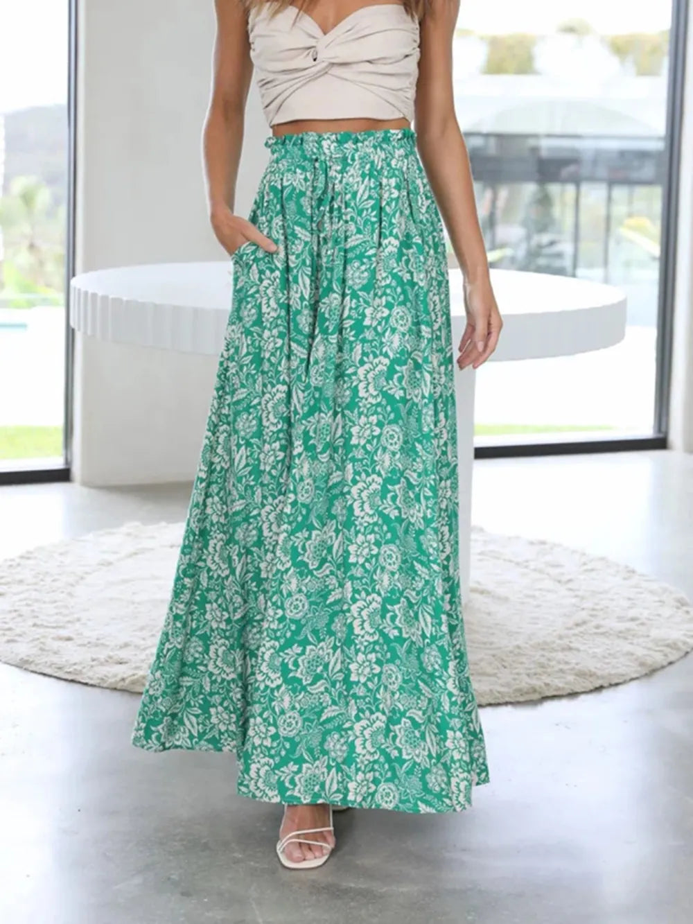 Drawstring Paperbag Waist Printed Wide Leg Pants