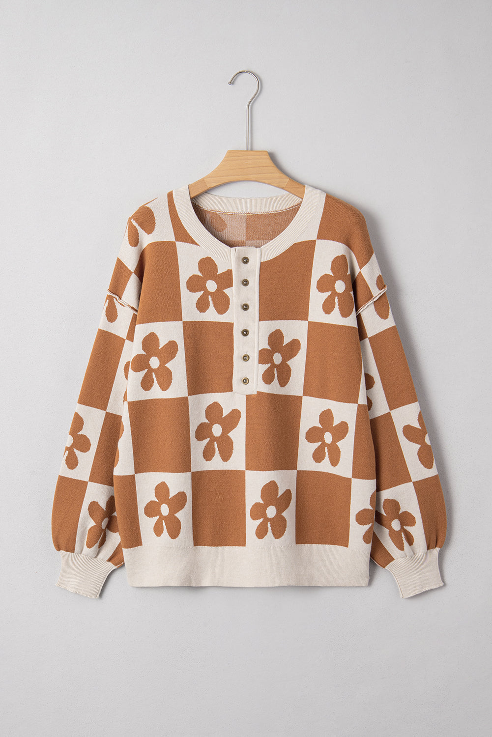 Thai Curry Flower Plaid Henley Baggy Sweater