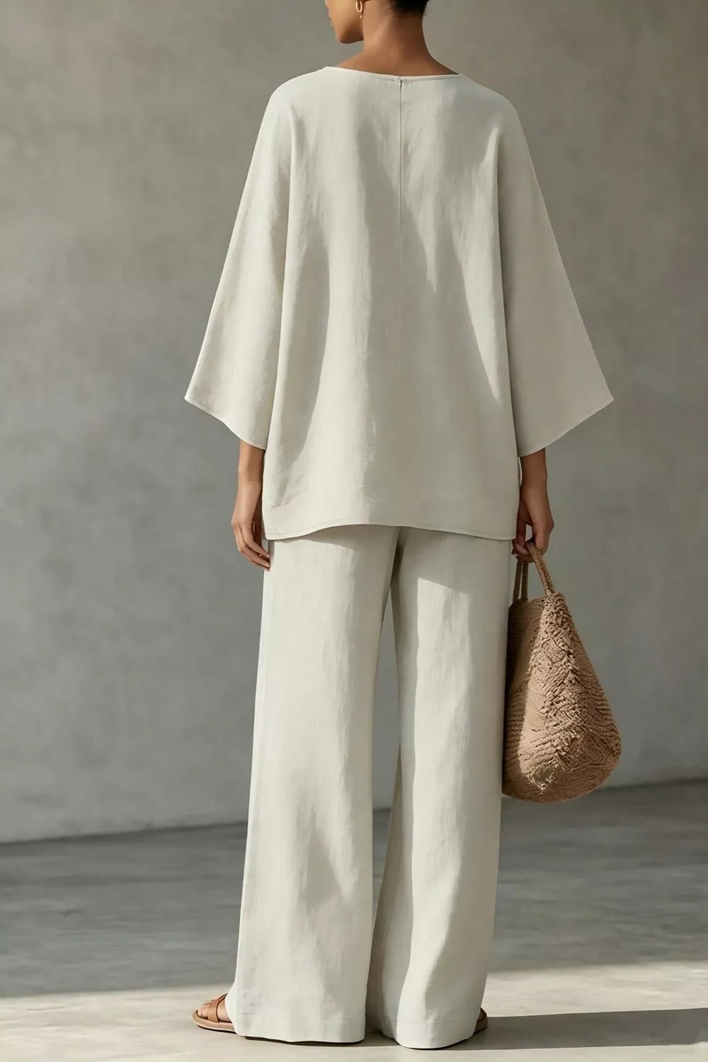Linen Boat Neck Top and Wide-Leg Pants Set