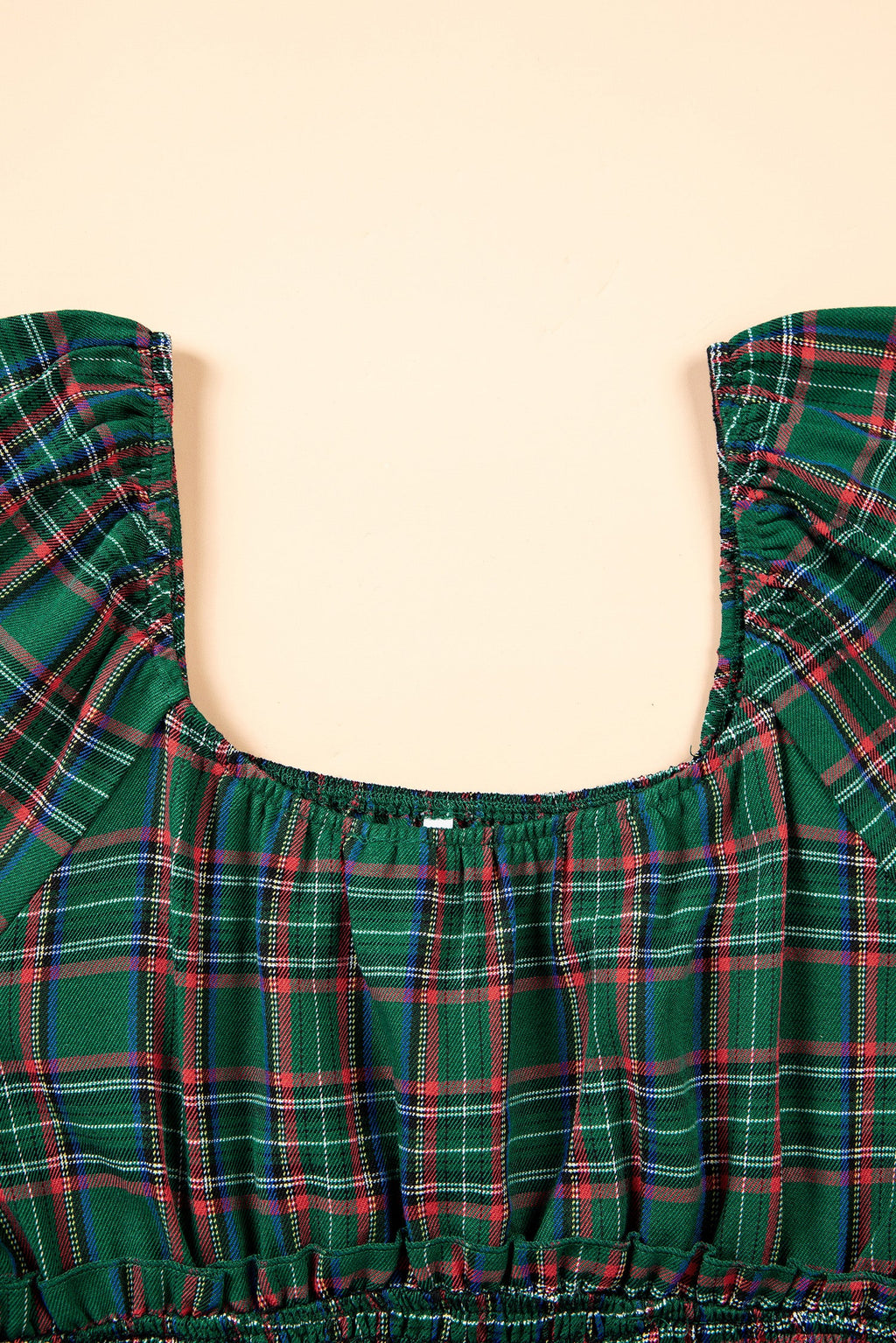 Green Plaid Shirred U Neck Short Sleeve Mini Dress