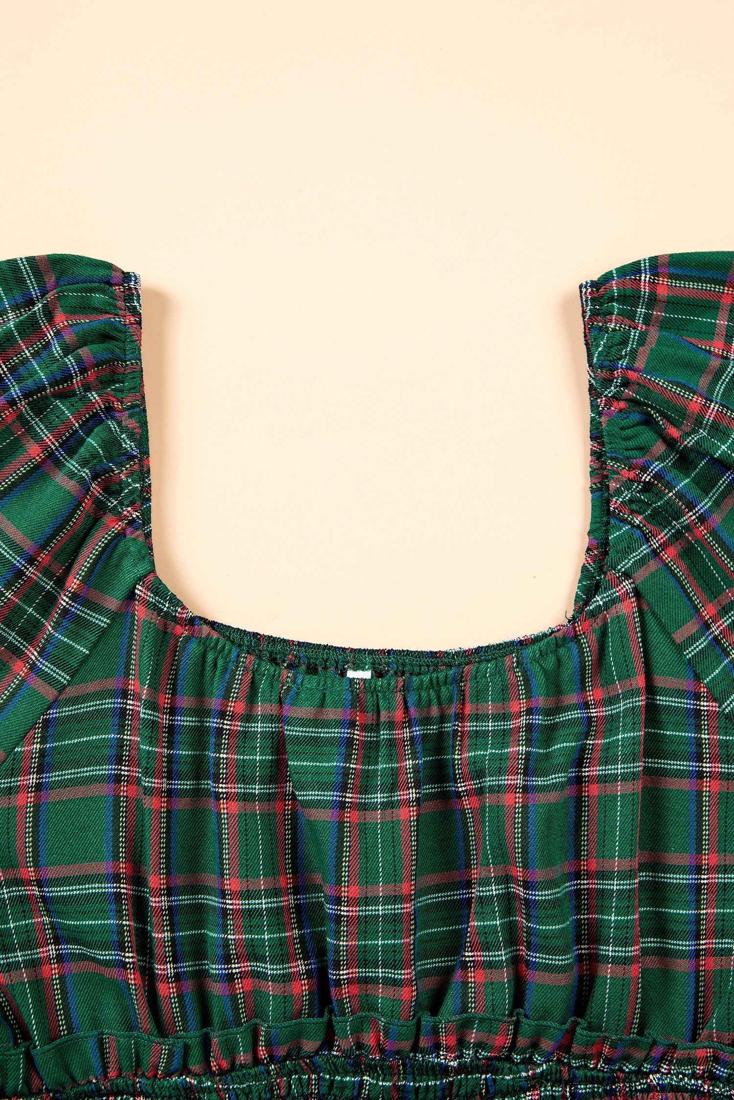 Green Plaid Shirred U Neck Short Sleeve Mini Dress