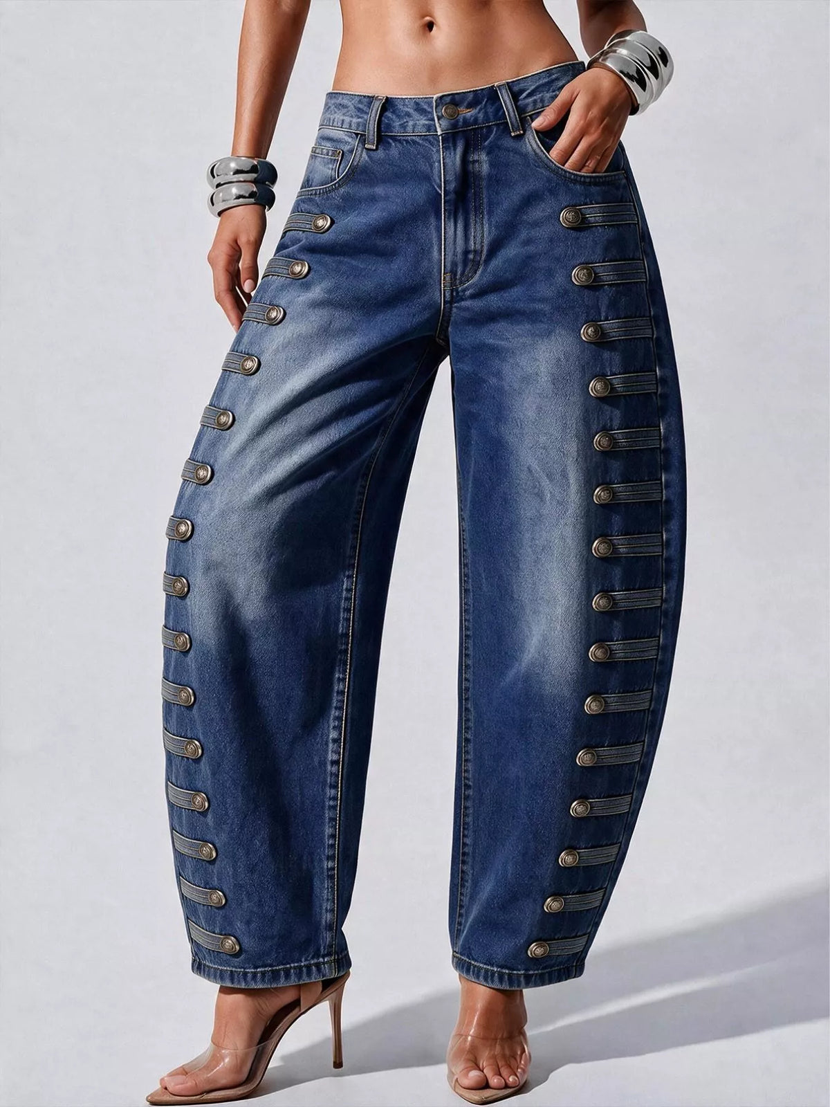 Decorative Button Wide Leg Jeans