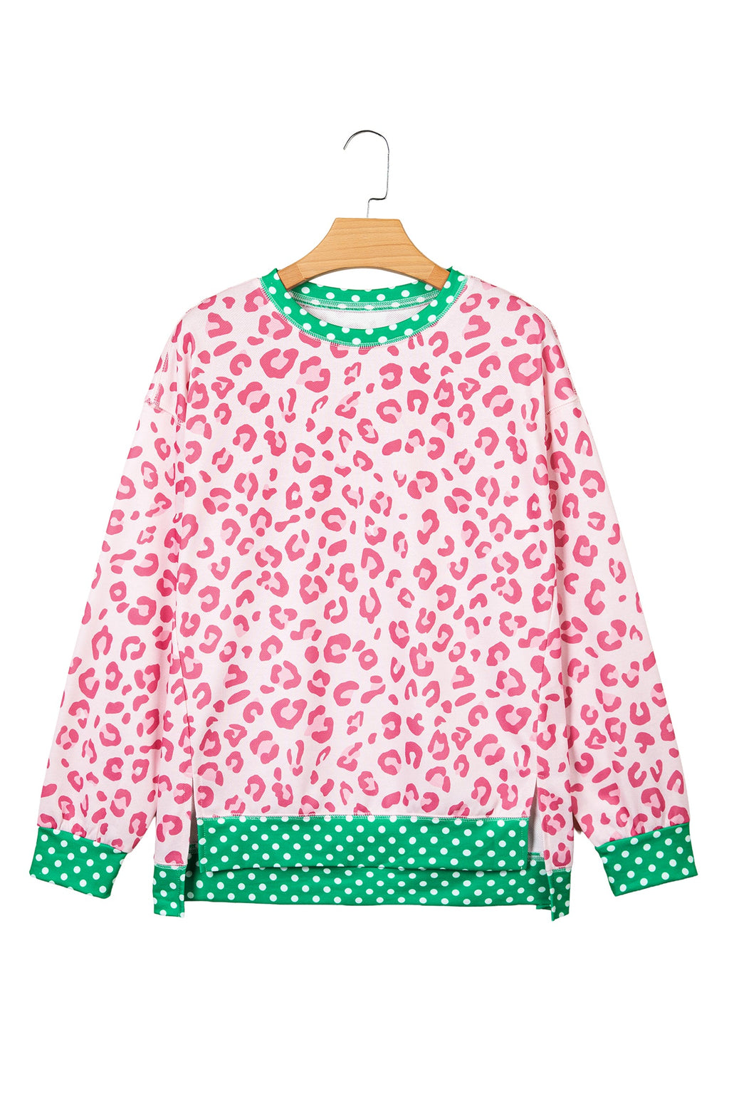 Pink Leopard Polka Dot Colorblock Trim Long Sleeve Top