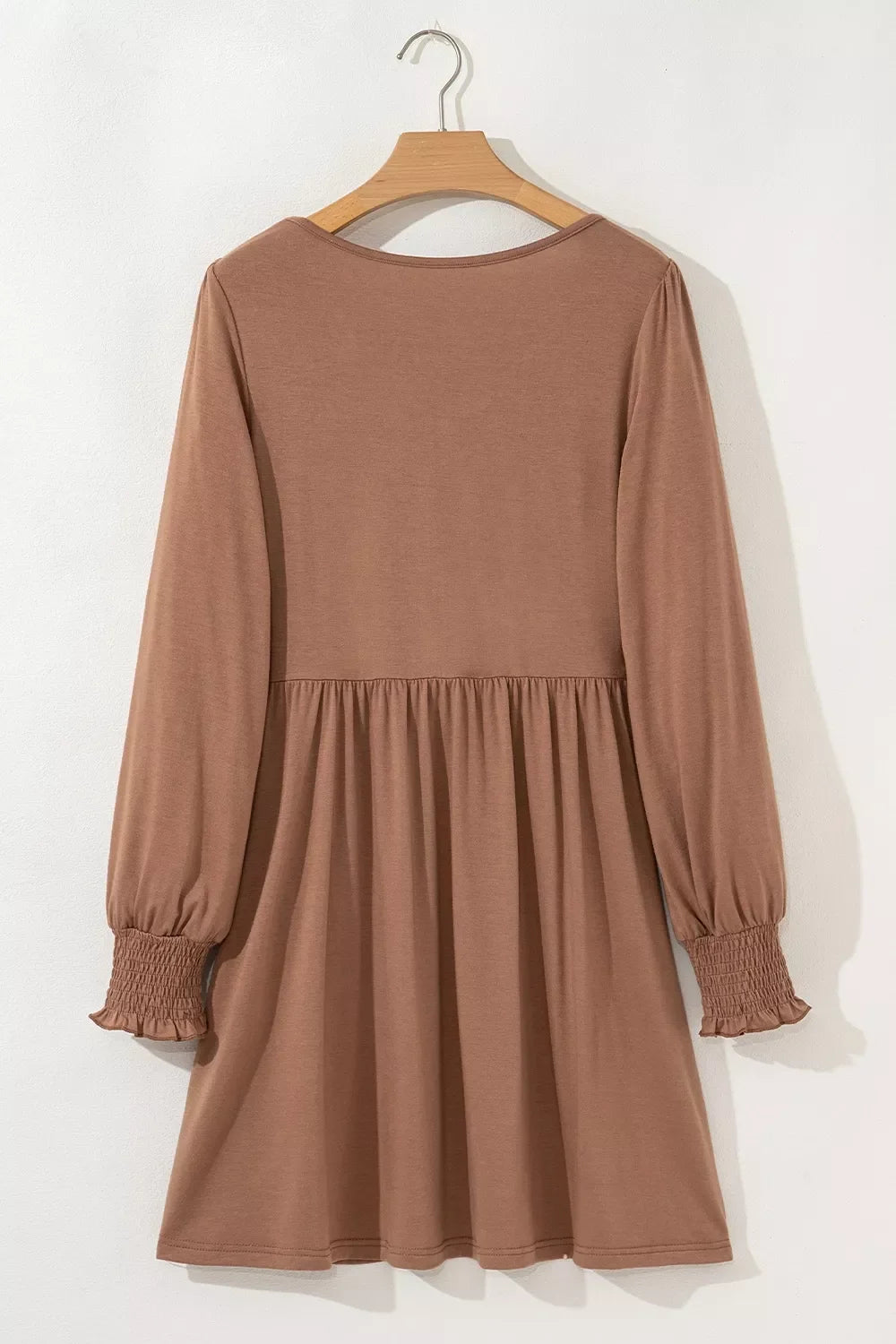 Shirred Cuff Long Sleeve Button Round Neck Mini Dress