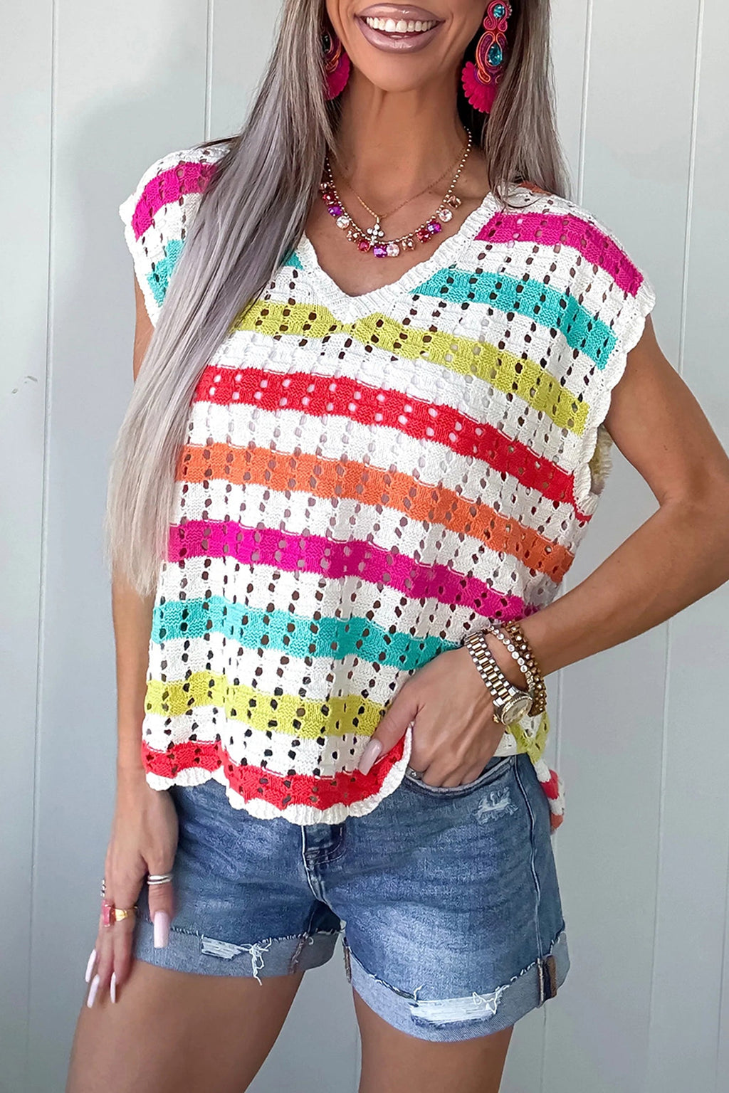 Multicolour Striped Eyelet Knit V Neck Sweater Tee