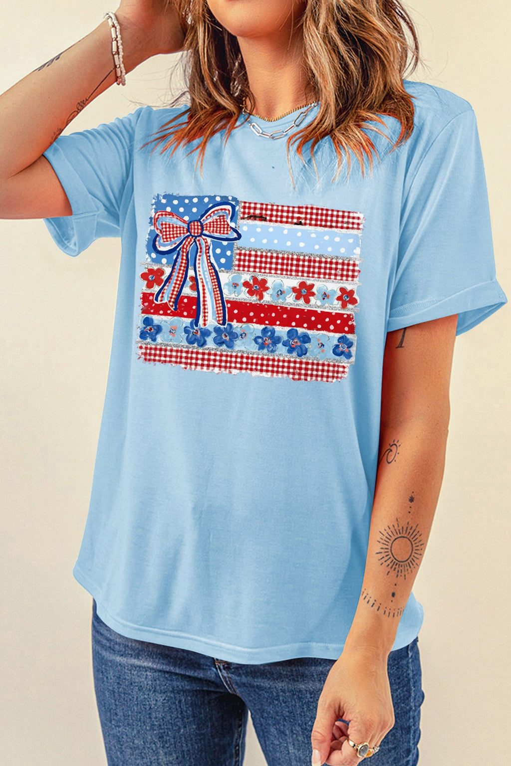 Light Blue Faux Patchwork Printed Coquette American Flag Graphic Tee