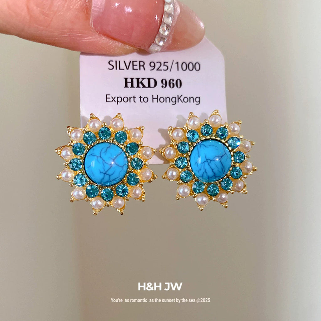 Womens Vintage Retro Round Floral Stud Earrings With Rhinestone Pearl And Stone Inlay,Costume Earrings For Daily Party Wear