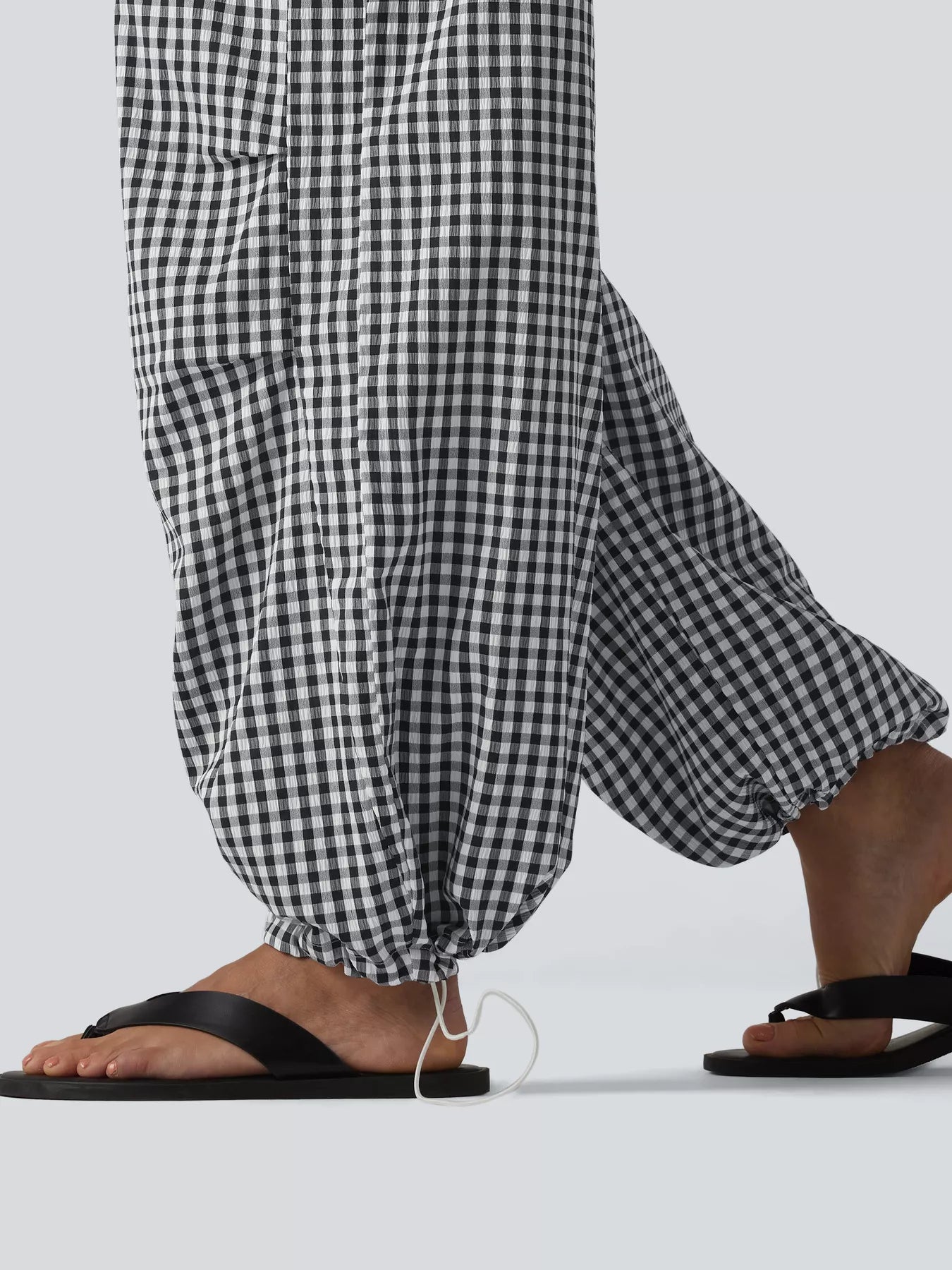 High-Waisted Gingham Wide-Leg Drawstring Pants