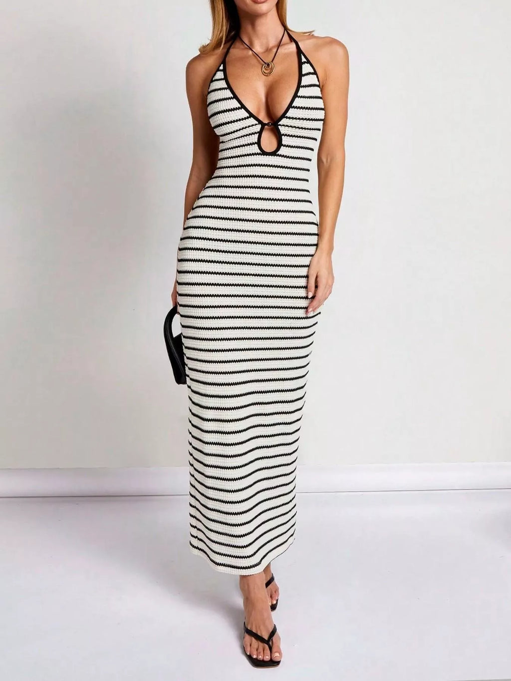 Striped Halter Neck Maxi Dress