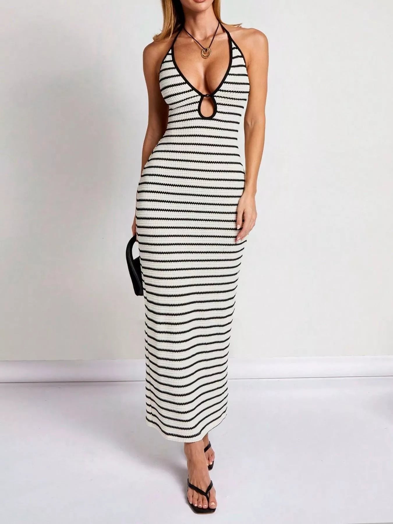 Striped Halter Neck Maxi Dress