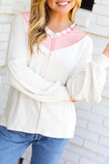 White Exposed Seam Rainbow Stripe Color Block V Neck Loose Long Sleeve Top