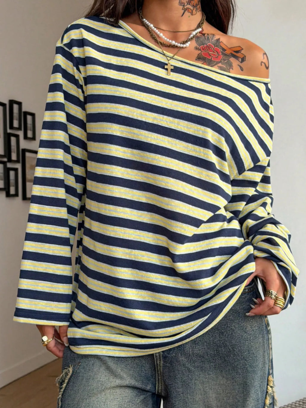 Off-Shoulder Striped Long Sleeve T-Shirt