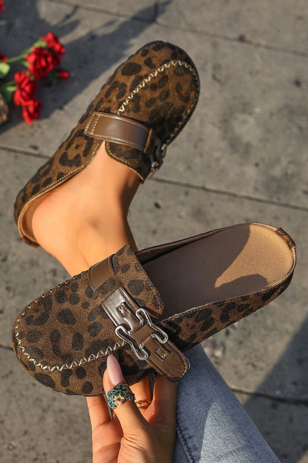 Coffee Faux Suede Cute Buckle PU Leather Strap Mule Slippers