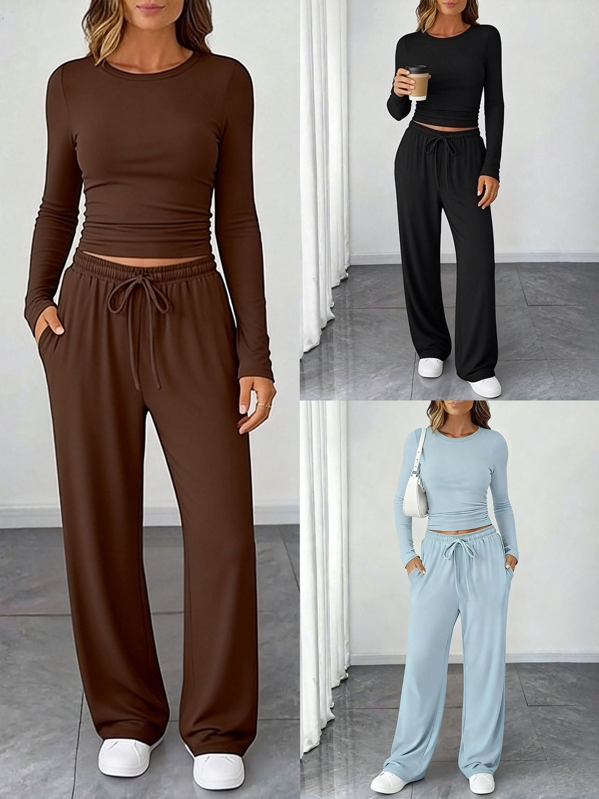 Amazon New European And American Style Slimming Waist-Cinching Fashionable Casual Suit Sports Yoga Spring And Summer Round Neck Long-Sleeved Women's Clothing