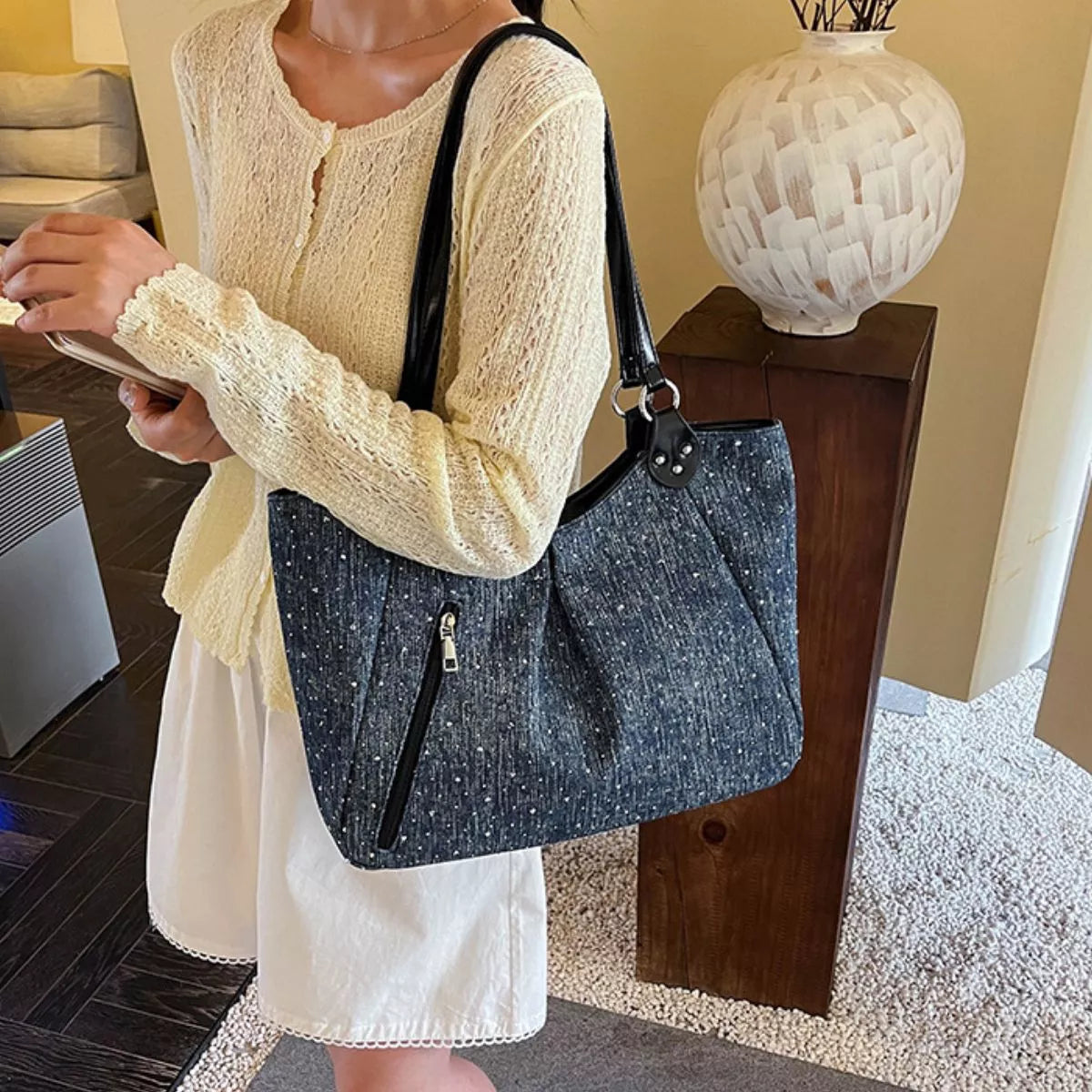 Polka Dot Denim Shoulder Bag