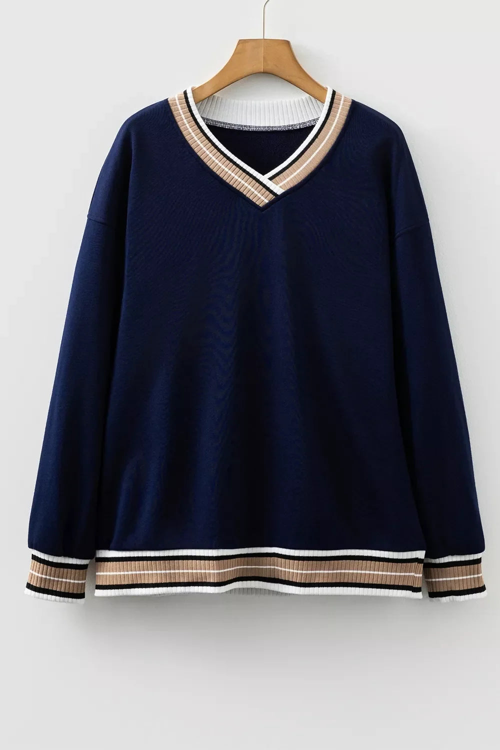 Contrast Striped Trim V Neck Sweatshirt