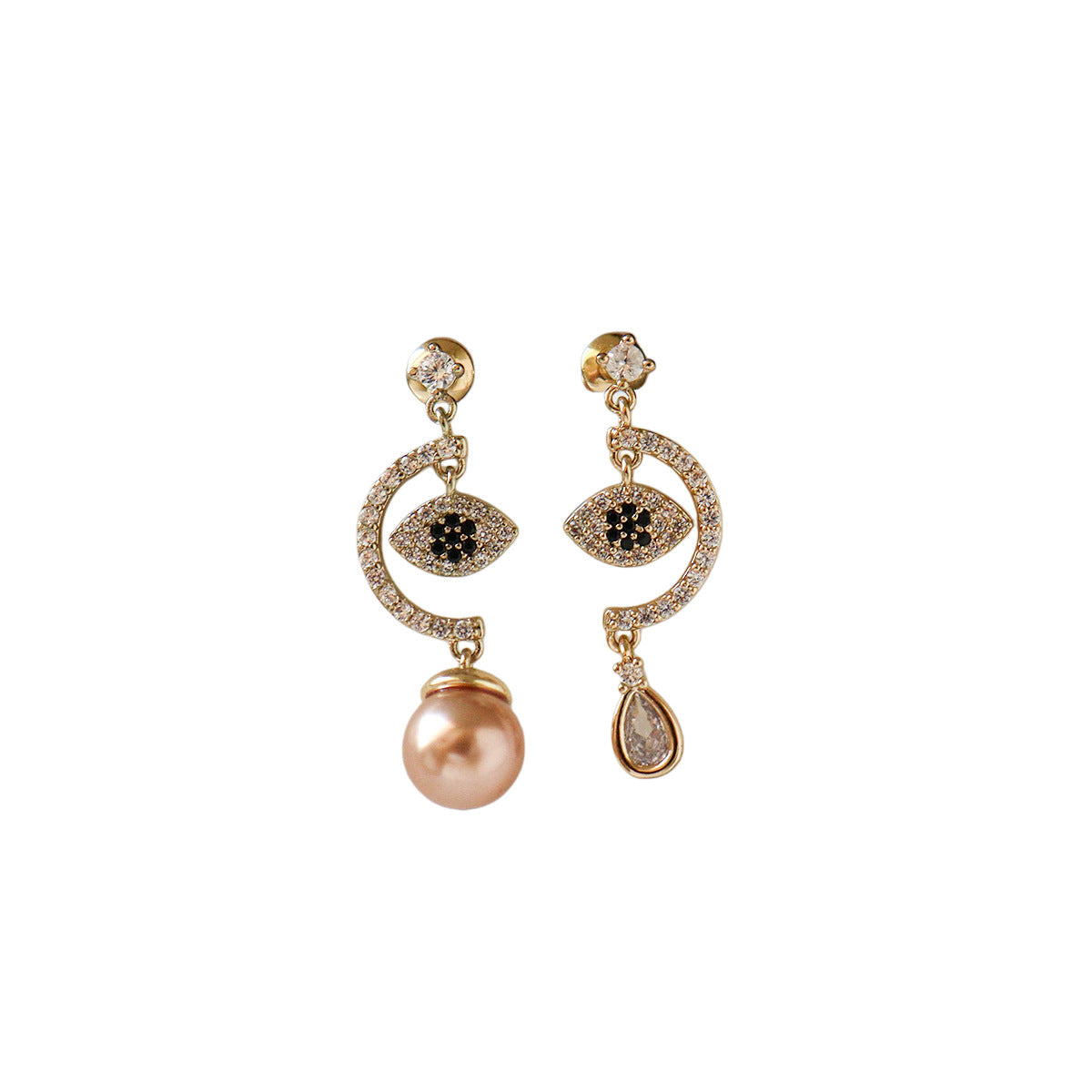 Asymmetric Micro-Set Zircon Evil Eye Earrings