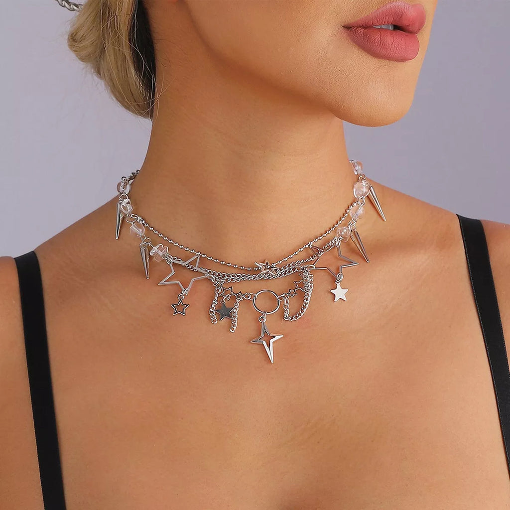Gothic Star and Cross Charm Choker Necklace