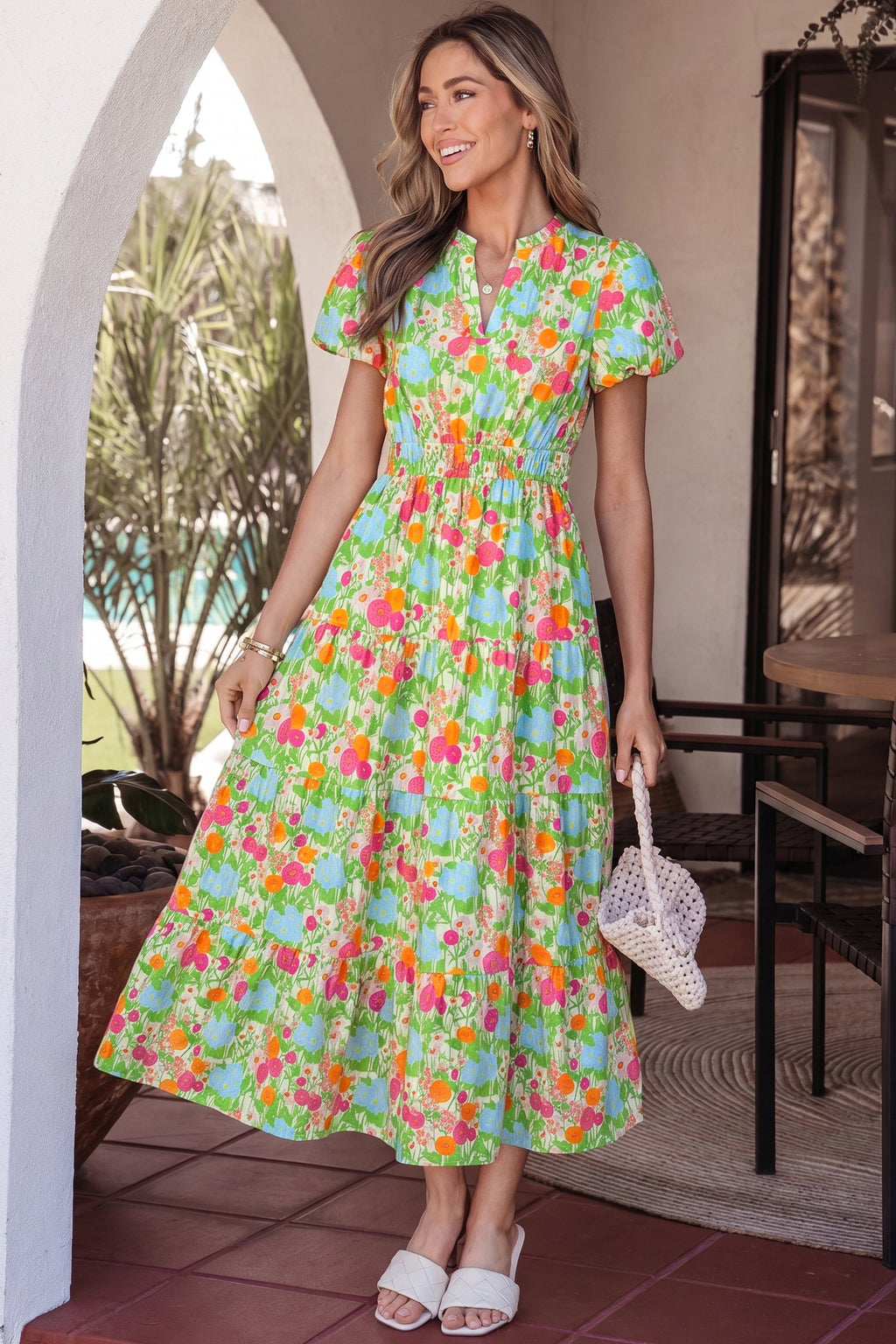 Green Floral Print V Neck Short Puff Sleeve Cotton Maxi Dress