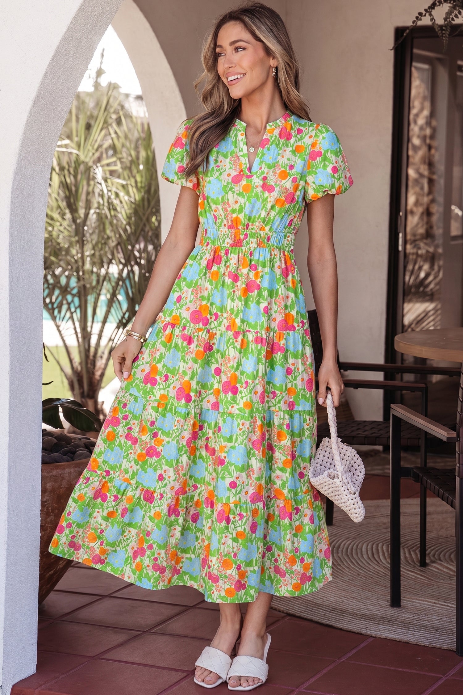 Green Floral Print V Neck Short Puff Sleeve Cotton Maxi Dress