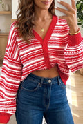 Geometric Striped Pattern V Neck Button Front Casual Knit Cardigan
