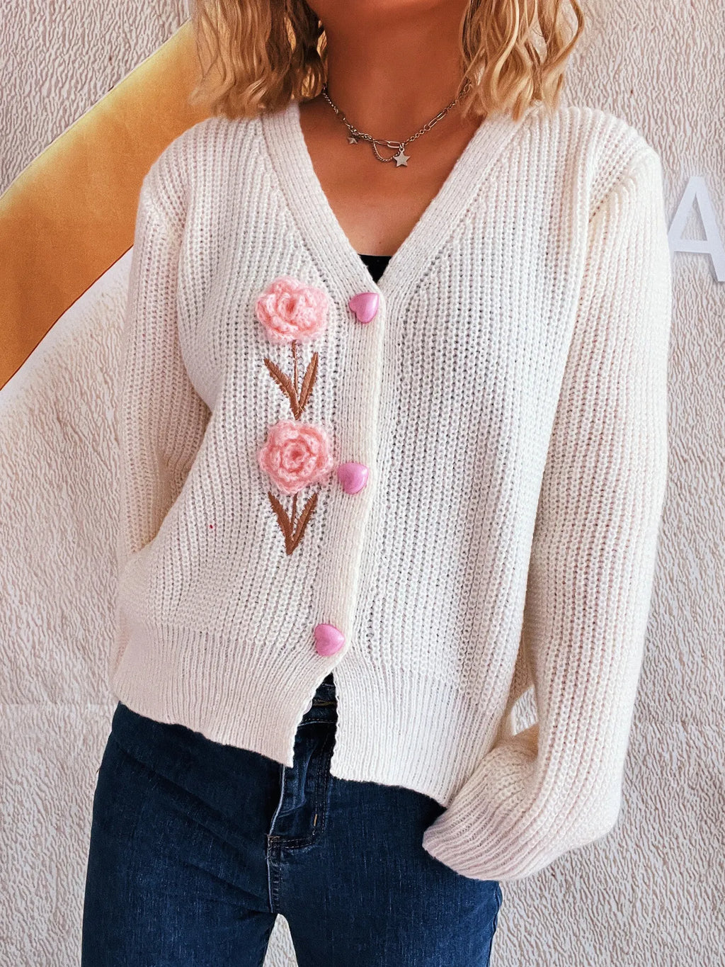 Flower V-Neck Button Up Cardigan