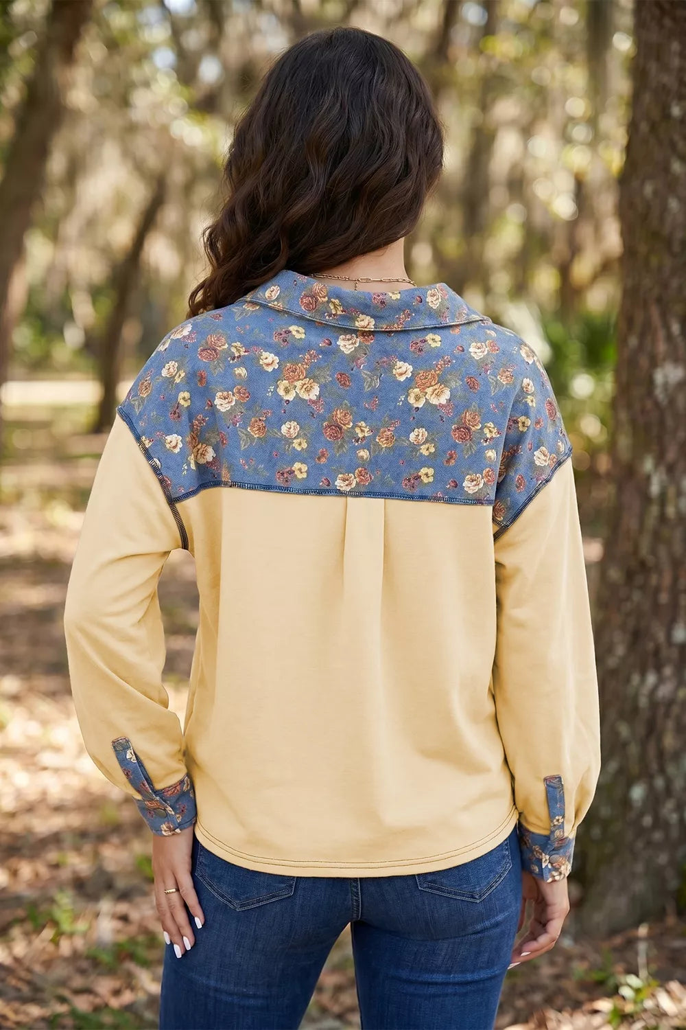 Floral Denim Patchwork Collar V Neck Long Sleeve Pullover Top
