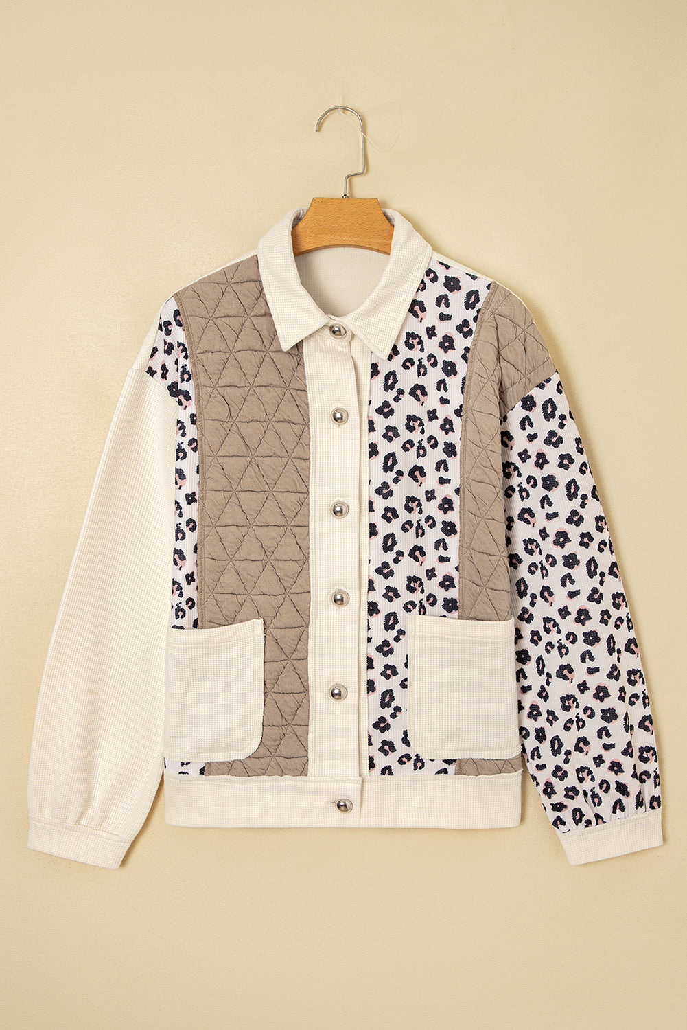 Leopard Waffle Quilted Patchwork Button Front Jacket