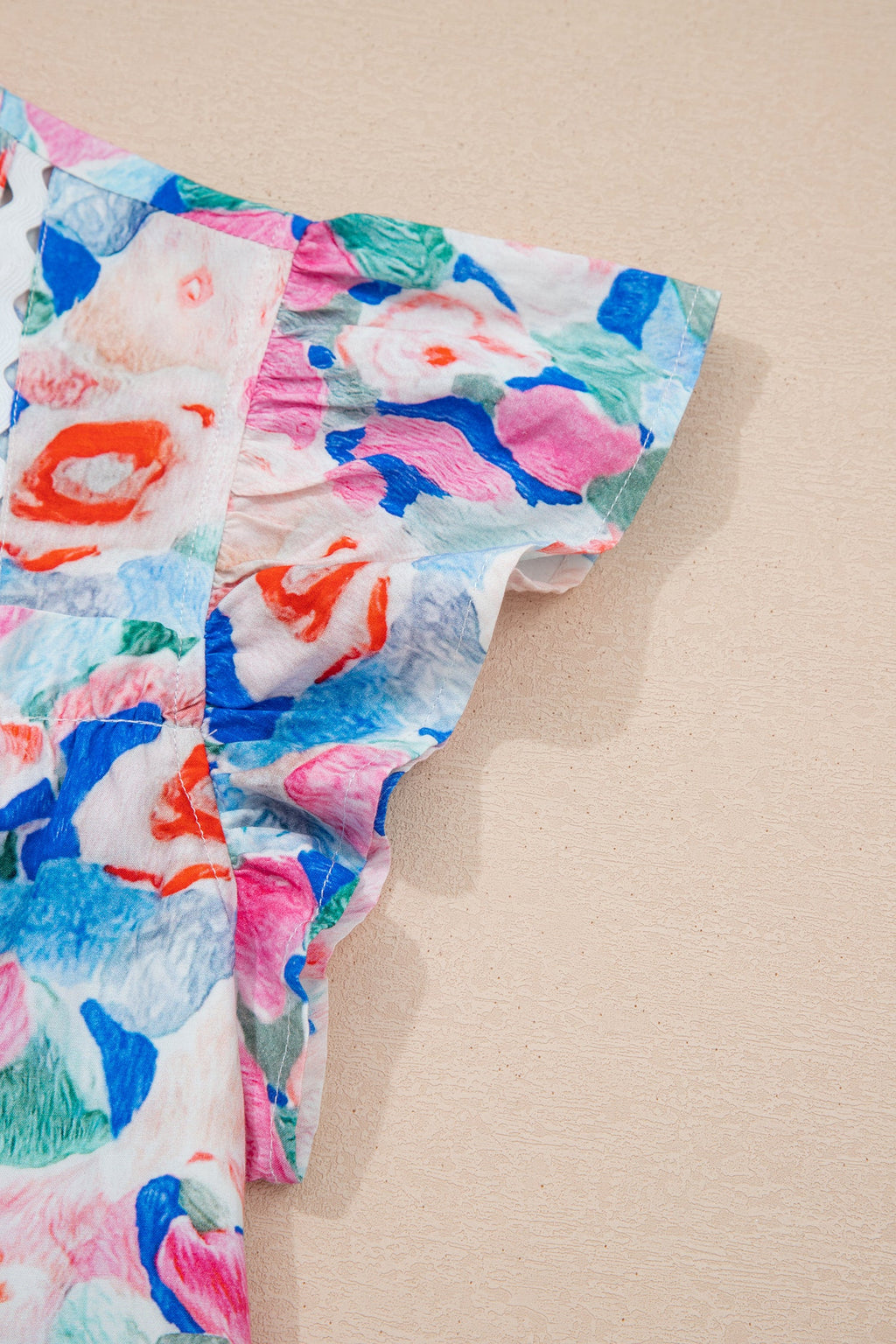 Pink Floral Print Tie V Neck Contrast Detail Ruffle Short Sleeve Blouse