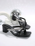 Rhinestone Embellished Block Heel Sandals