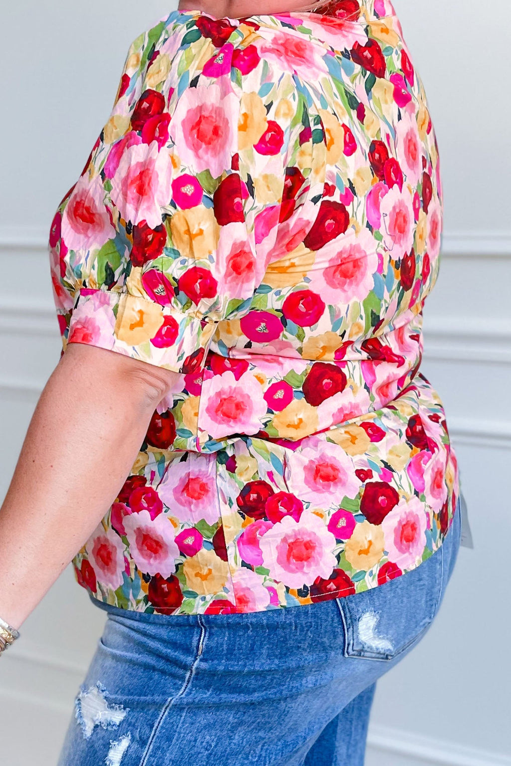 Pink Plus Size Flower Print Split V Neck Puff Short Sleeve Top